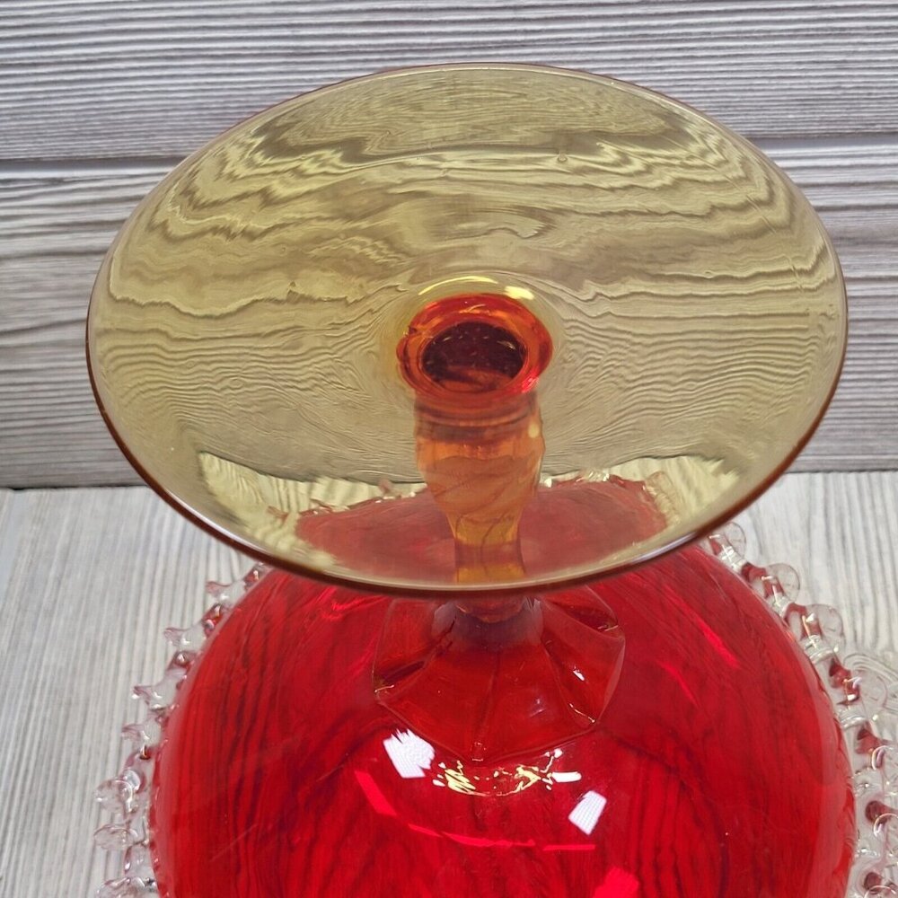 Vintage Ruby Red‎ Art Glass Pedestal Compote Bowl Clear Ruffled Edge 7.5 Inch - Picture 9 of 13